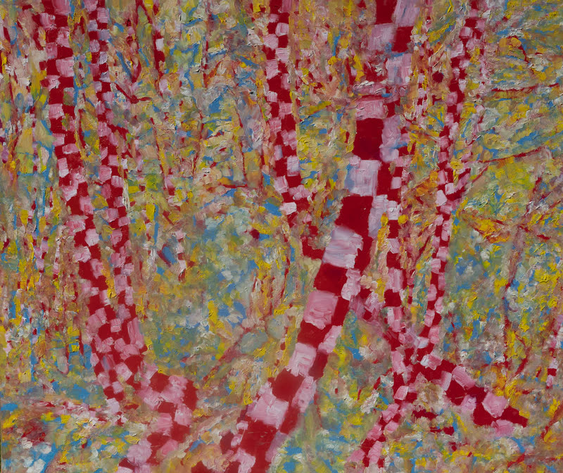 Oil painting from the WALD series: red-and-white patterned trunks against a dense, colourful ground